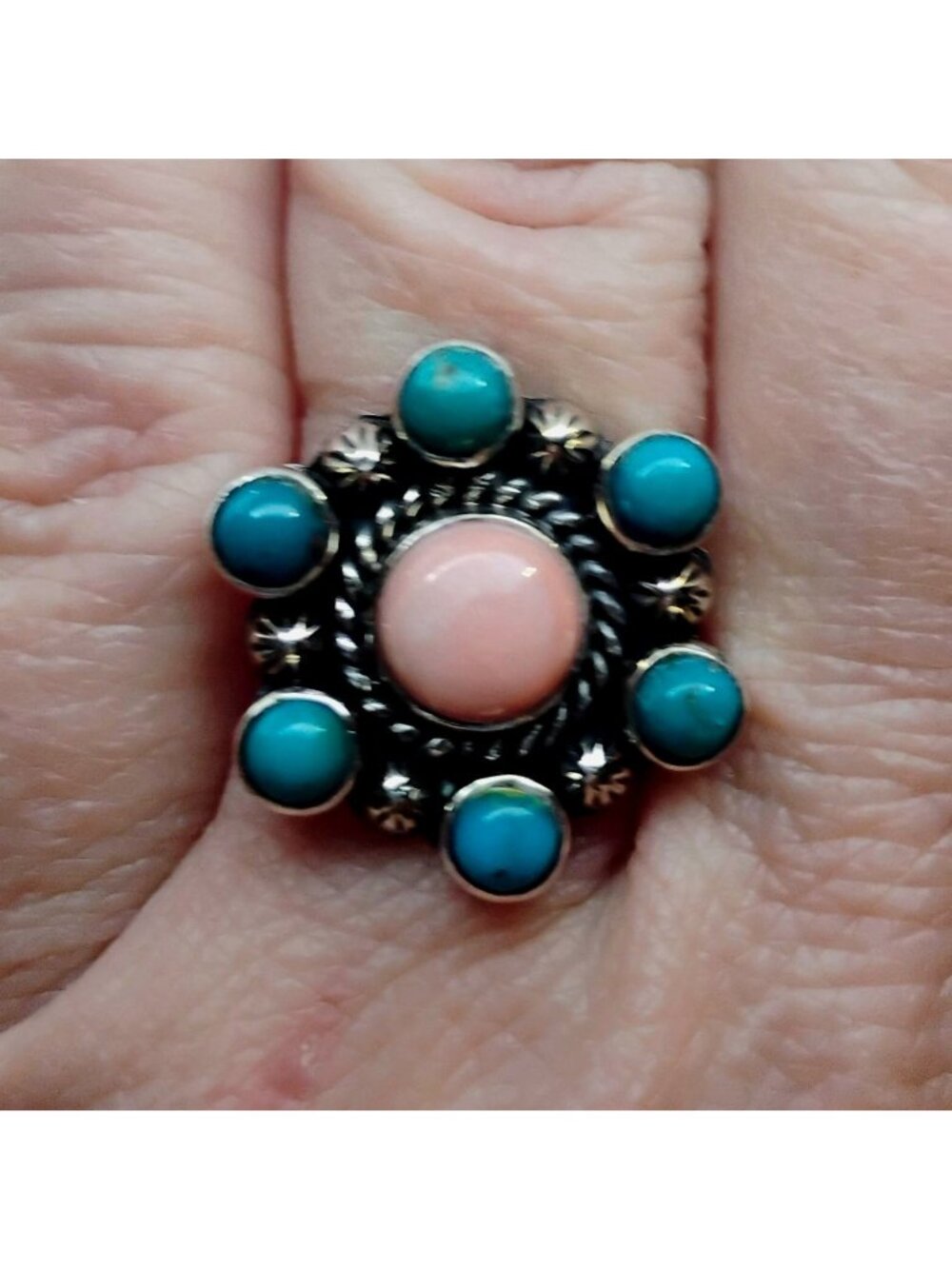 Pink Conch Shell Turquoise Cluster Sterling Silver Ring Size 8